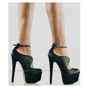 London Trash Candy Black Leather Fur Stiletto Platform Heels